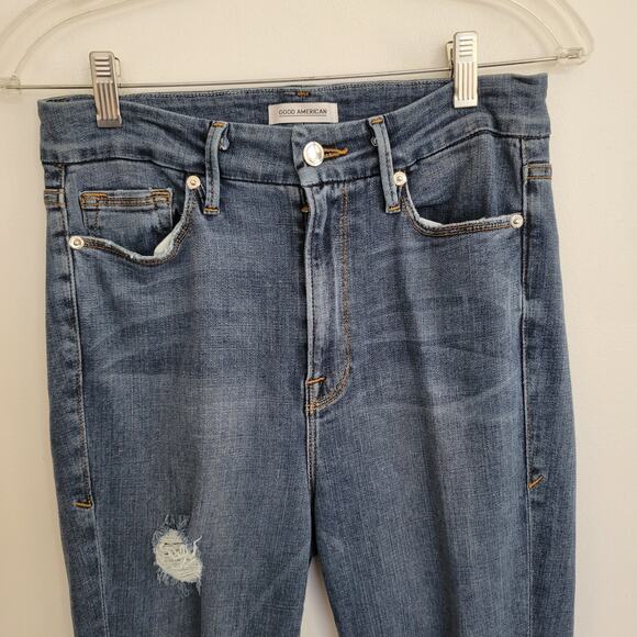 Good American Good Waist Distressed Jeans Skinny Raw Hem Stretch Women 8 - Picture 3 of 12